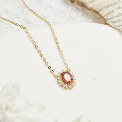 Oval Red Garnet with Zircon Pendant Silver Necklace for Women