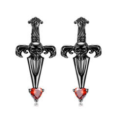 Halloween Skull Cross Sword Heart Shape Red Zircon Silver Stud Earrings