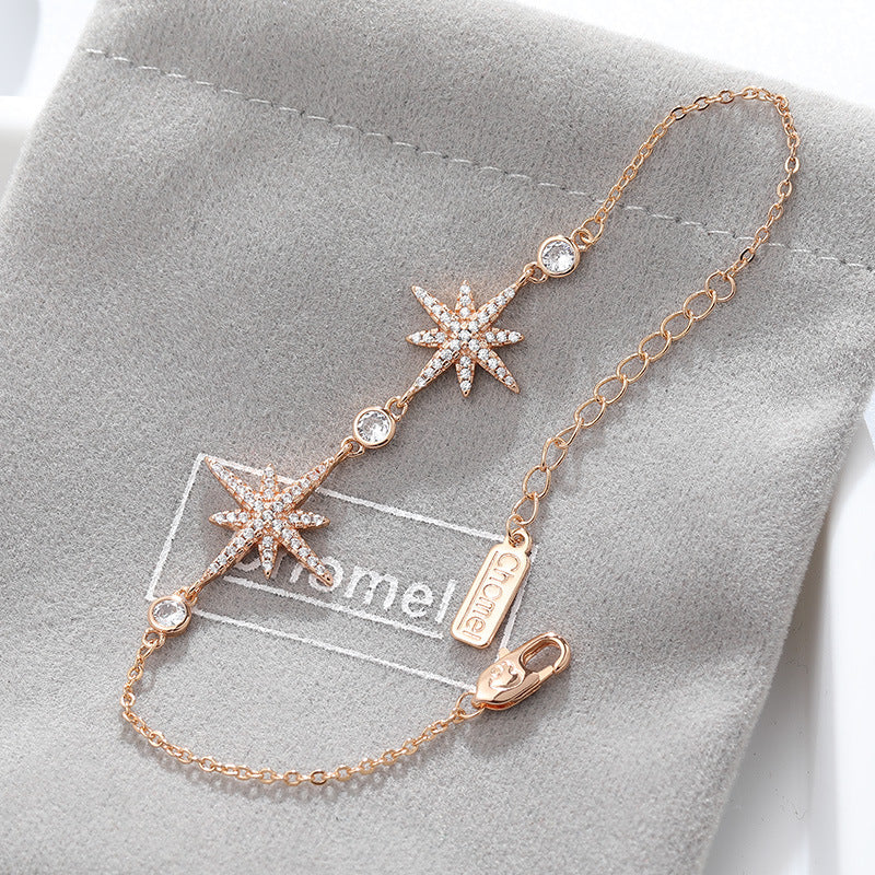 Two Zircon Octagonal Stars Silver Bracelet for Women