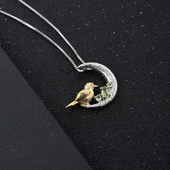 National Style Natural Colourful Gemstone Bird and Crescent Pendant Silver Necklace for Women