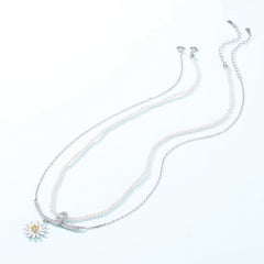 Little Daisy Zircon Pendant Pearl Chain Double Layers Sterling Silver Necklace