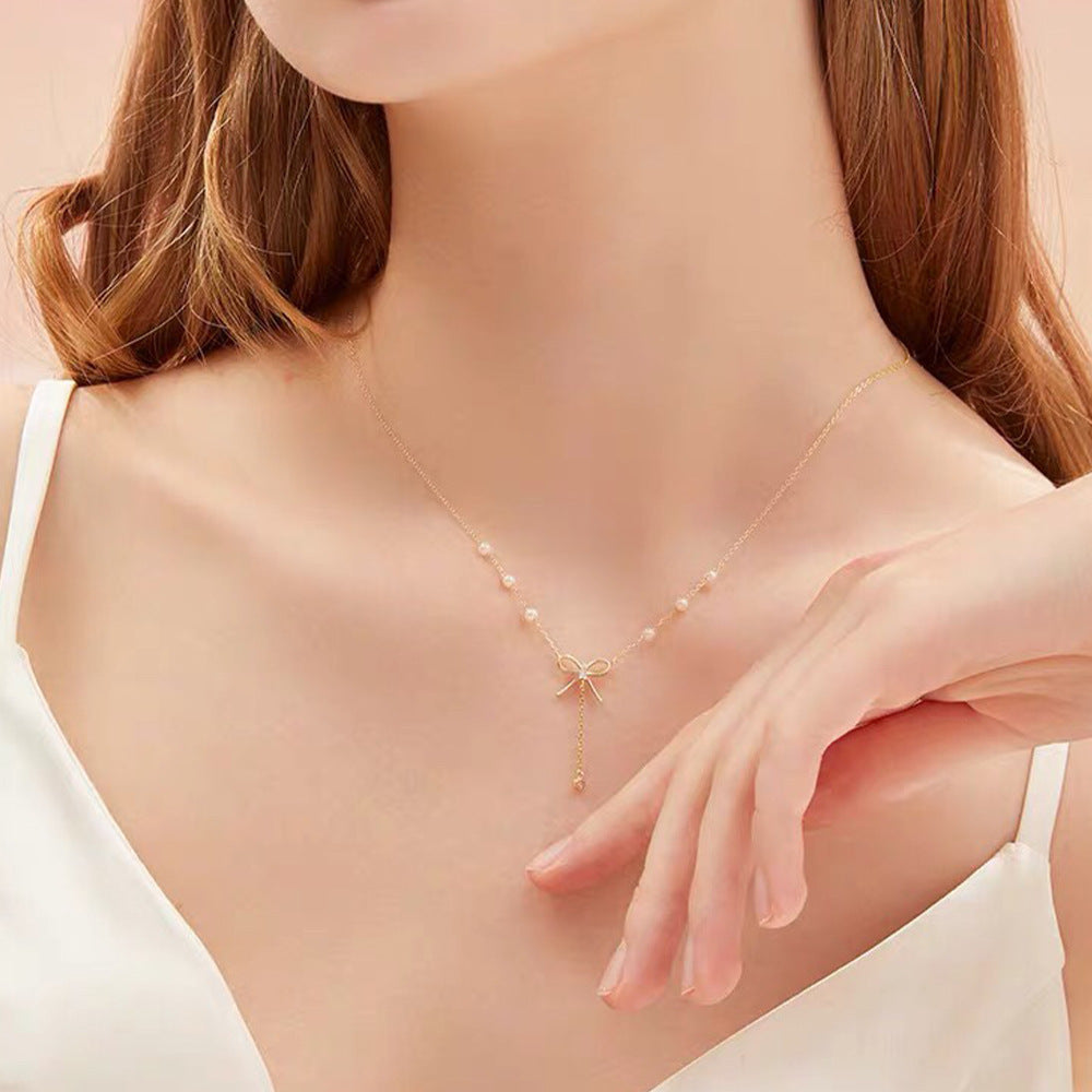 (Two Colours) White Zircon Bowknot with Beading Natural Pearl Pendants Collarbone Necklace for Women