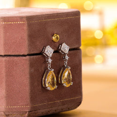 Yellow Pear Shape Zircon Silver Drop Earrings