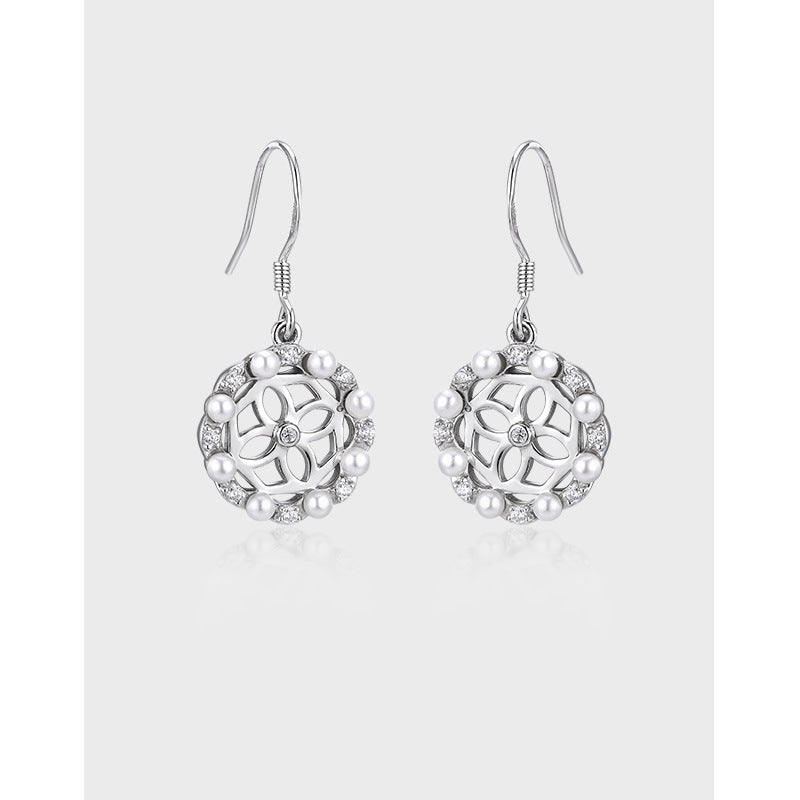 Hollow Four-leaf Clover with Zircon and Pearl Circle Silver Drop Earrings for Women