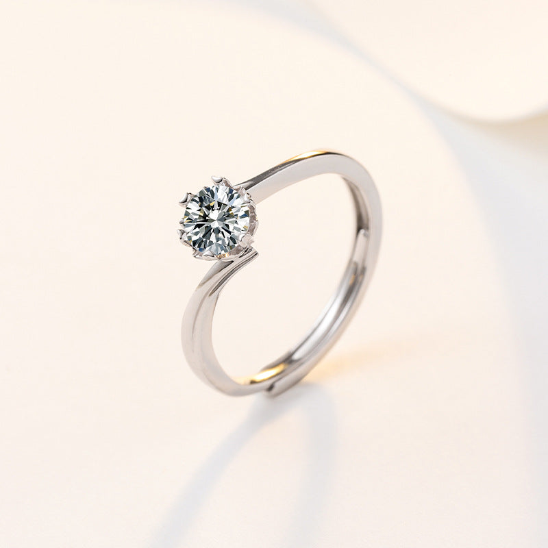 Round Zircon Six Heart Prongs Solitaire Silver Ring