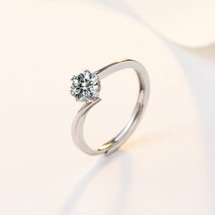 Round Zircon Six Heart Prongs Solitaire Silver Ring