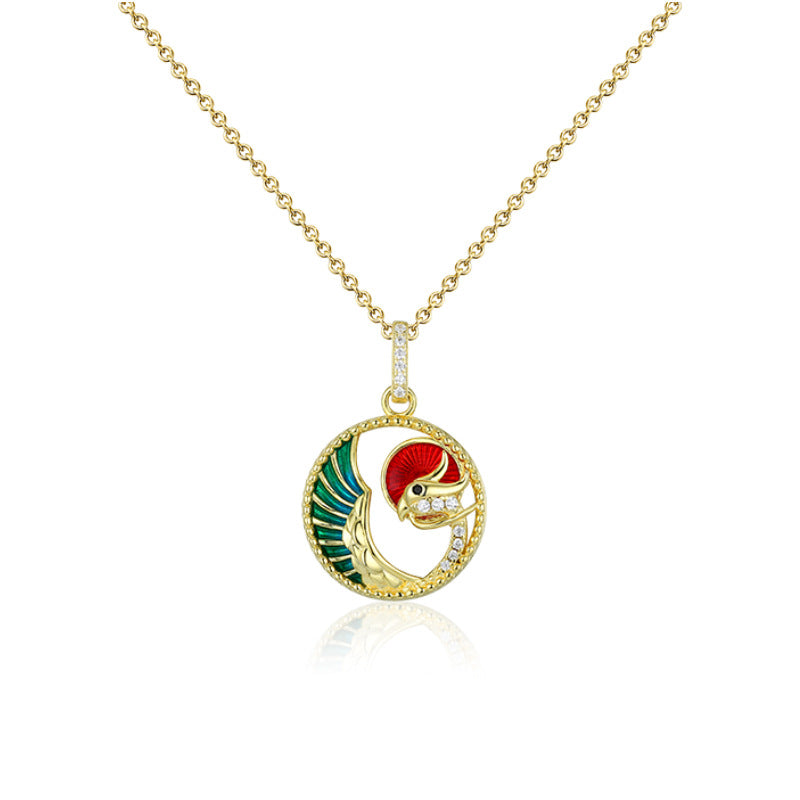 (Pendant Only) Enamel Phoenix with Zircon Circle Silver Pendant for Women