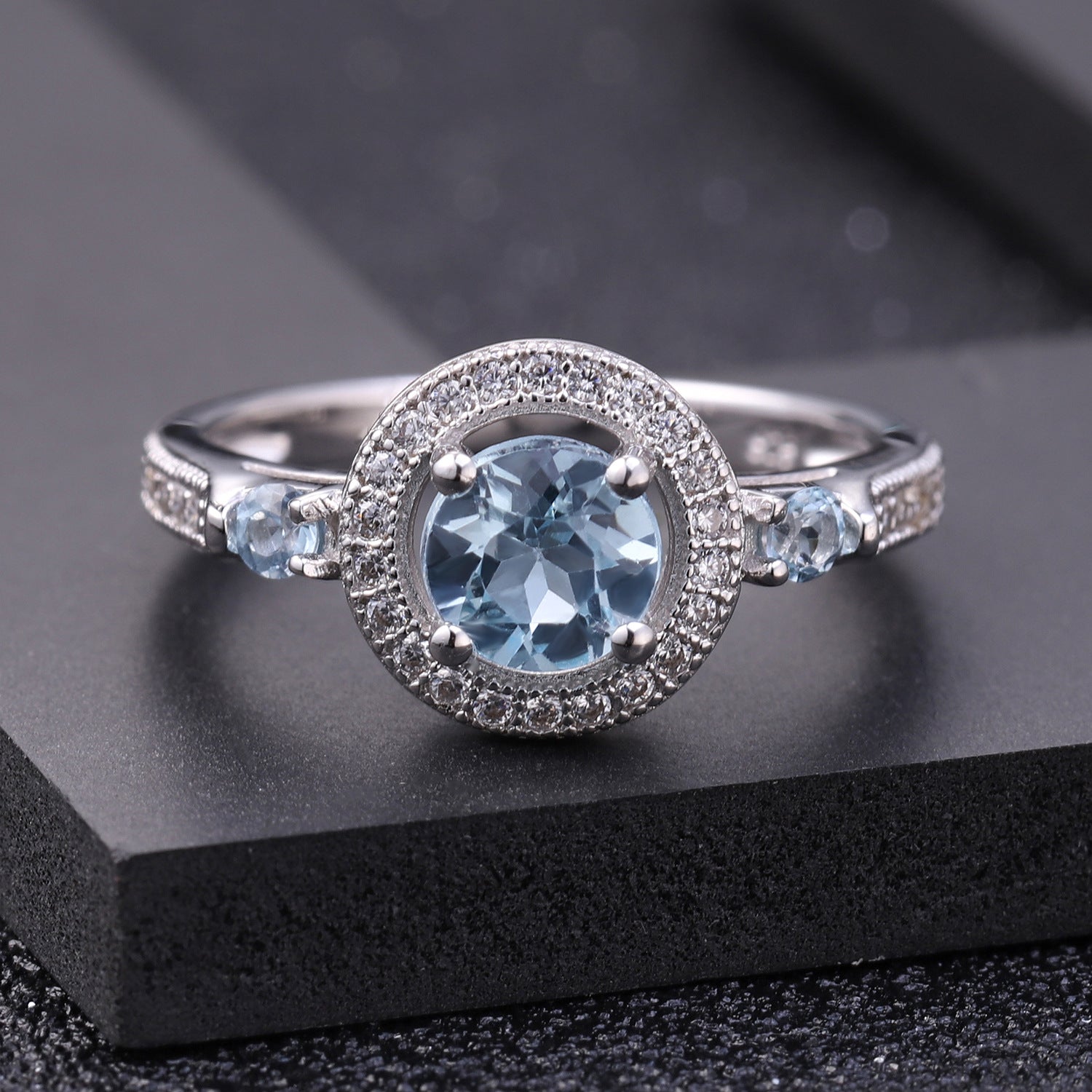 Natural Topaz Round Cut Luxury Soleste Halo Silver Ring for Women