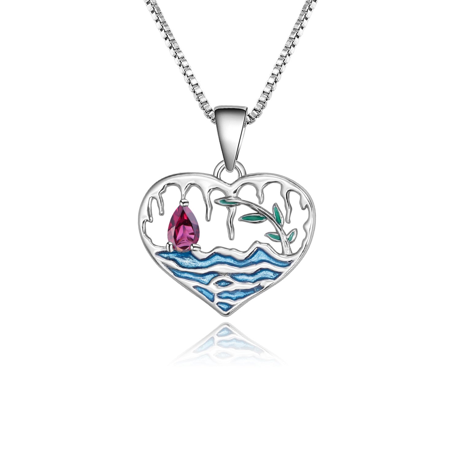 Natural Colourful Gemstone Enamel Lake In The Heart Pendant Silver Necklace for Women