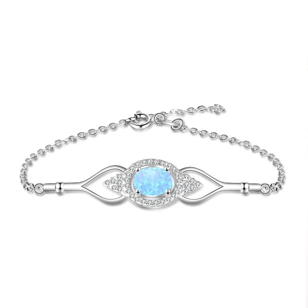 Blue Round Opal Marquise Design Zircon Sterling Silver Bracelet