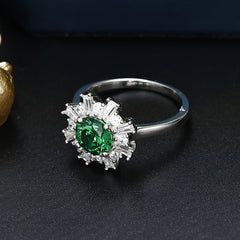 Round Cut Green Zircon Sun Halo Silver Ring