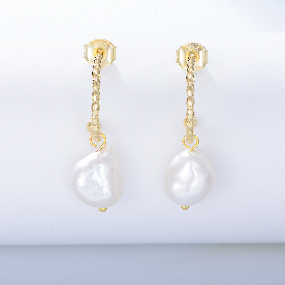 Irregular Baroque Pearl C-shaped Silver Drop Earrings for Women