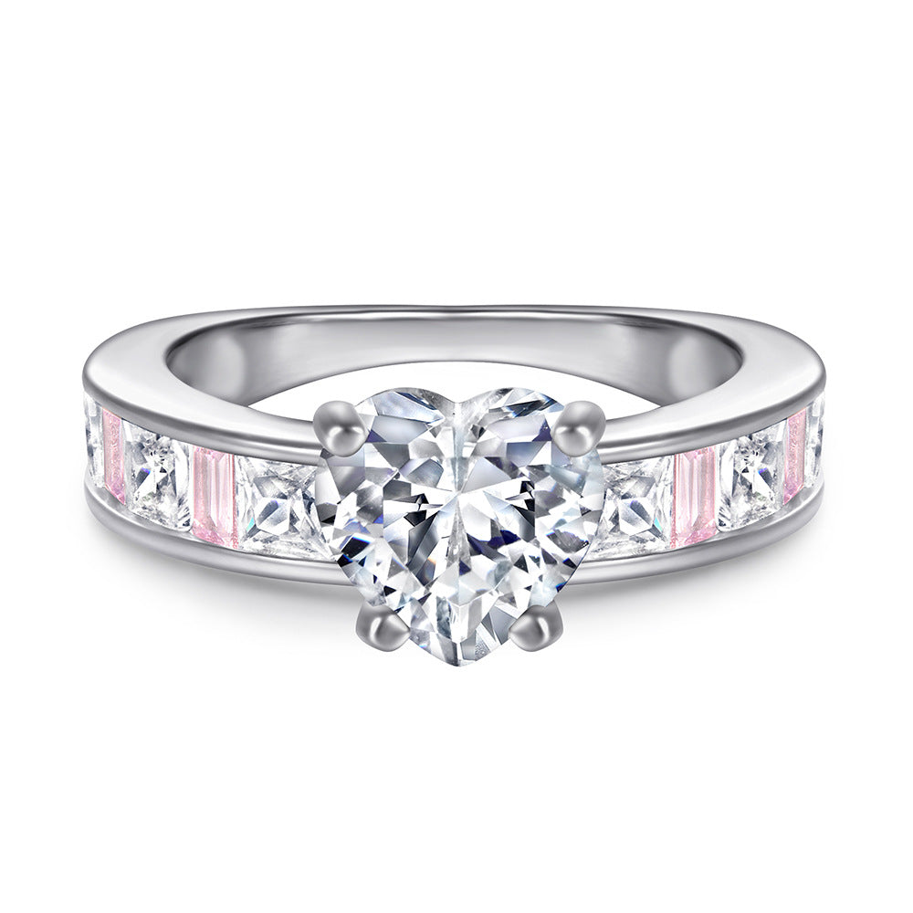 Heart-shaped Zircon with Rectangle Pink Zircon Silver Ring Set for Women