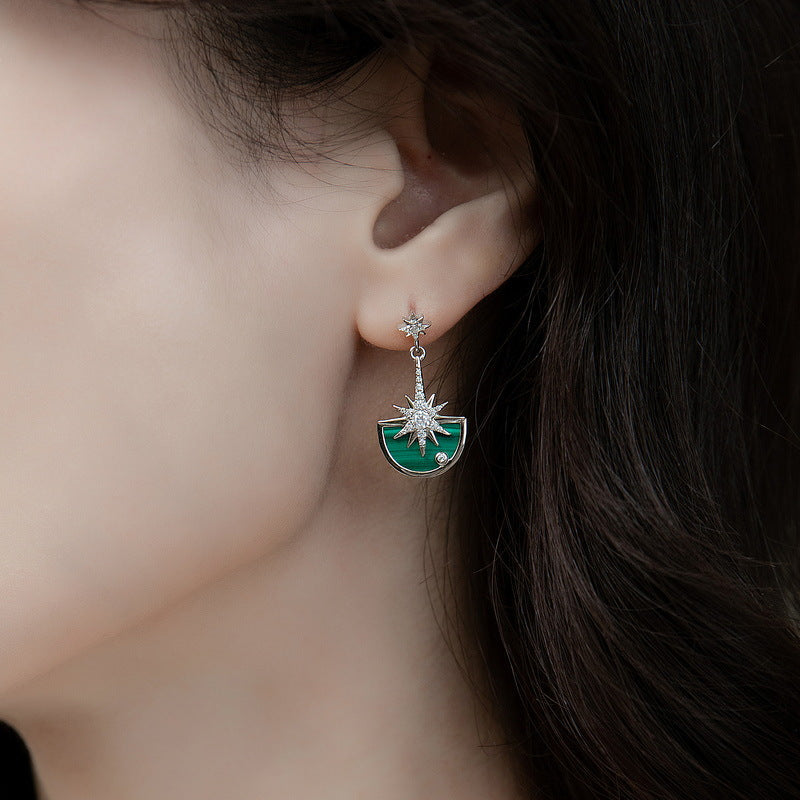 Zircon Stars Semicircle Malachite Pendant Sterling Silver Drop Earrings