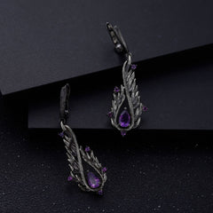 Italian Retro Style Inlaid Natural Amethyst Creative Shape Sterling Silver Drop Earrings for Women