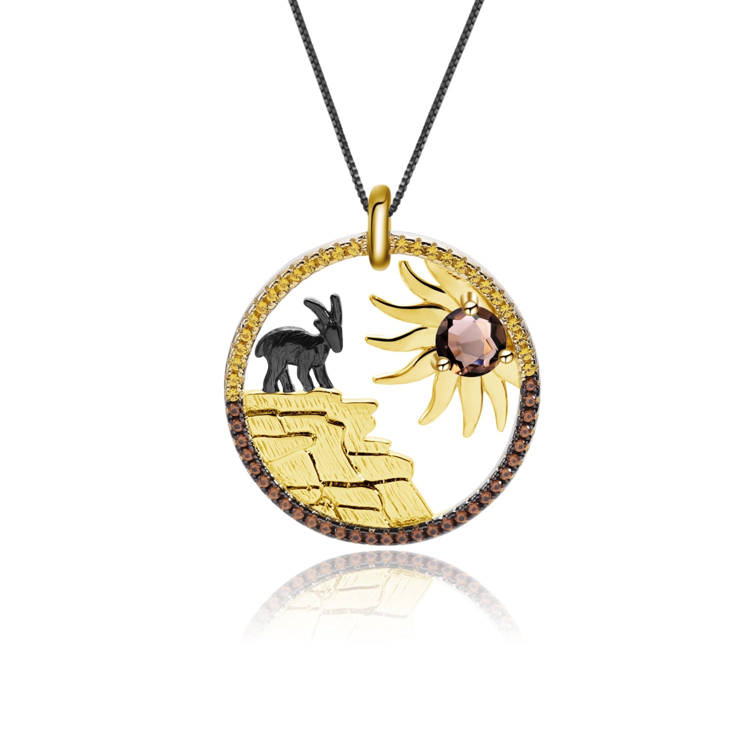 Animal Element Inlaid Natural Colourful Gemstone Goat Circle Pendant Necklace for Women