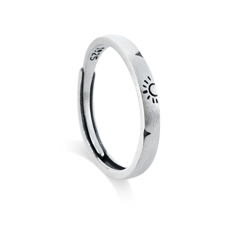 Sun Moon Pattern Brushed Finish Silver Couple Ring