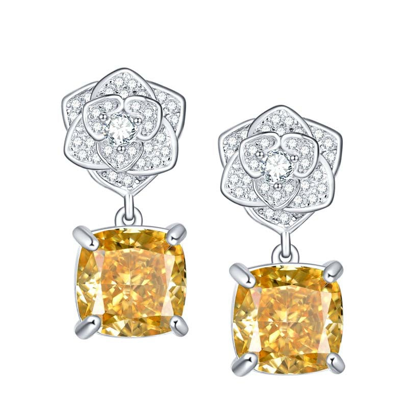 Square Yellow Zircon Camellia Drop Earrings