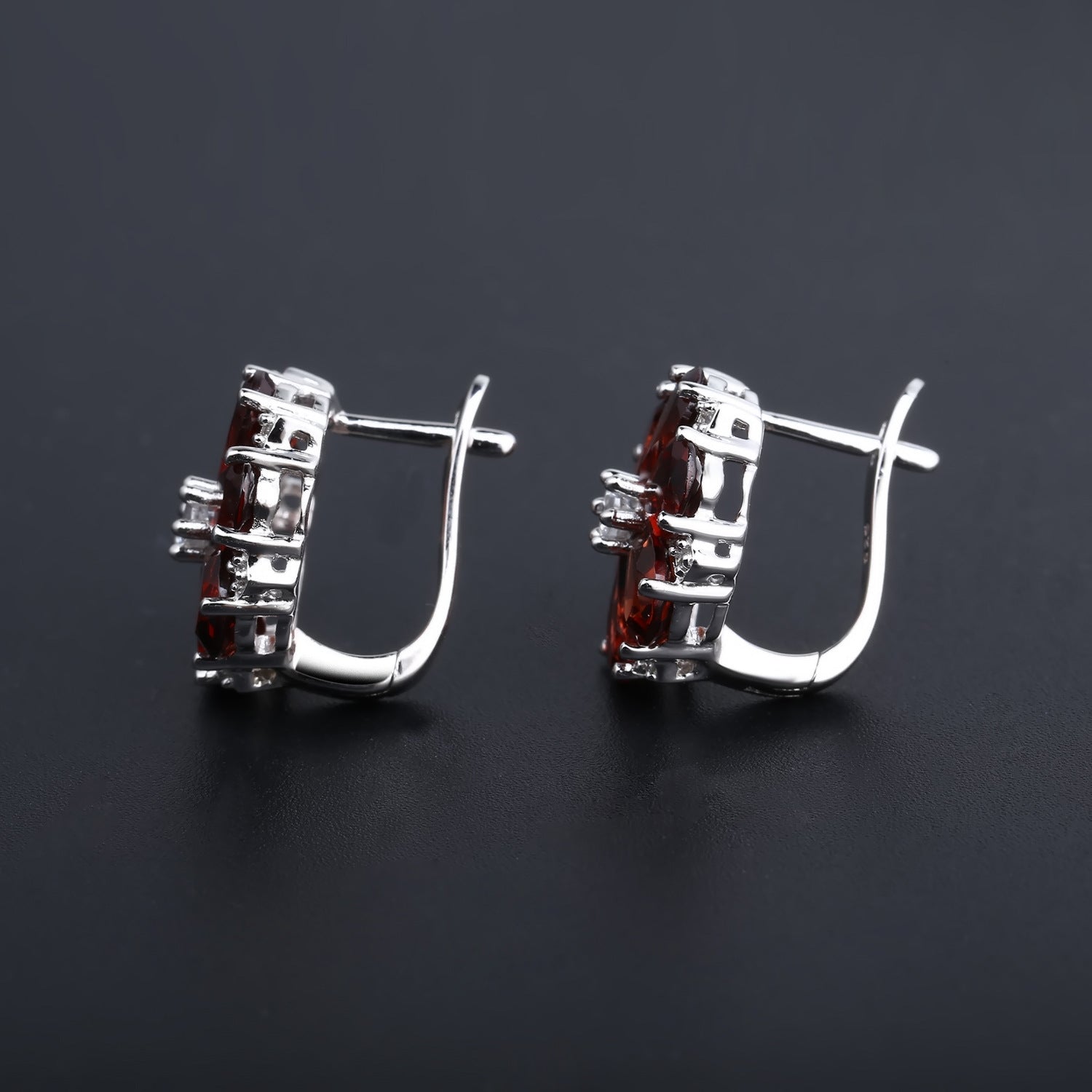 Natural Garnet Flower Design Silver Studs Earrings for Women