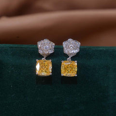 Square Yellow Zircon Camellia Drop Earrings