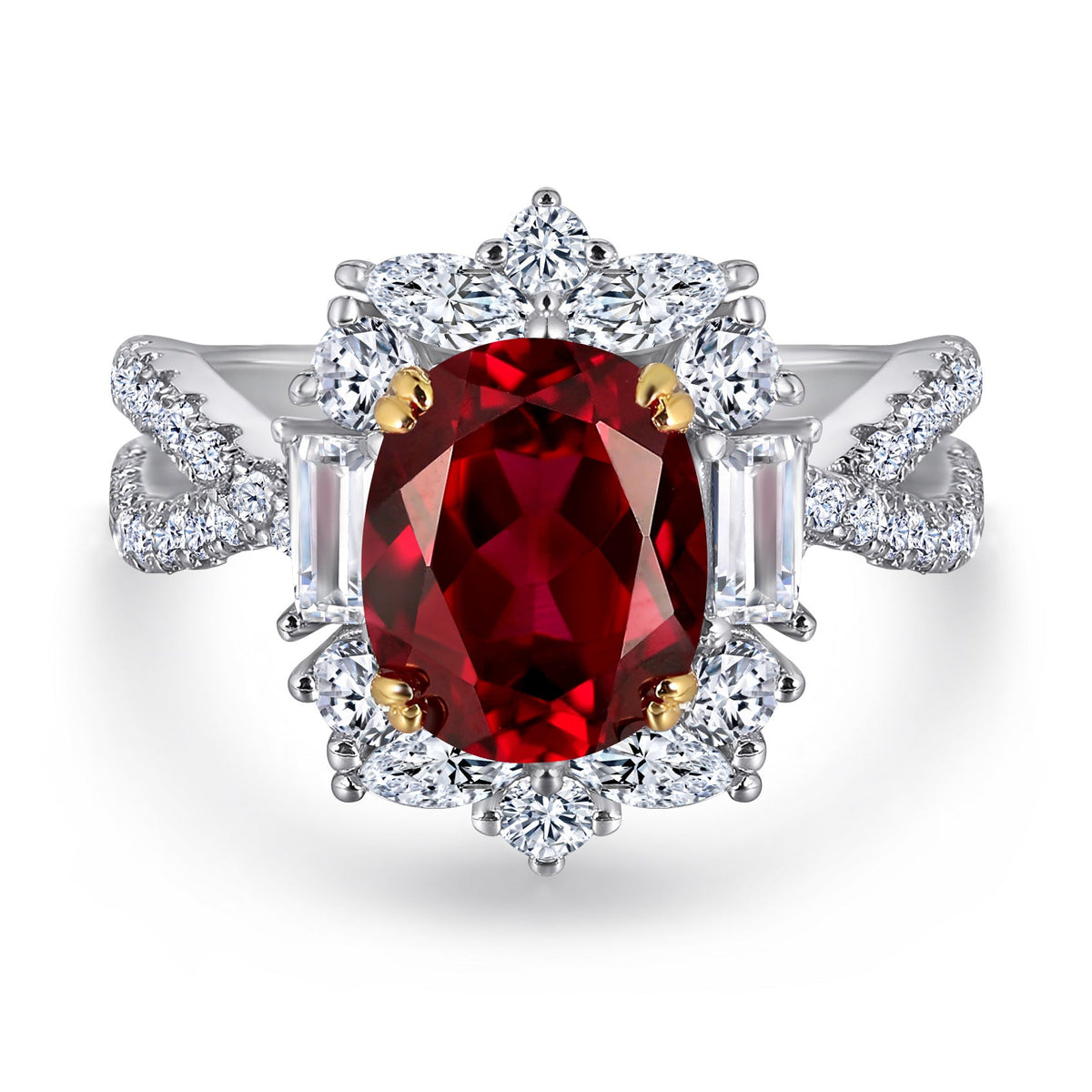 (2CT) Ice Cut Oval Red Zircon Modern Split Shank Silver Ring for Women