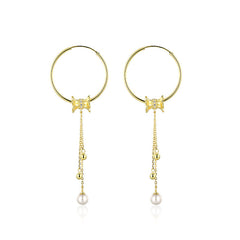 Tassel with Pearl Silver Hoop Earrings for Women