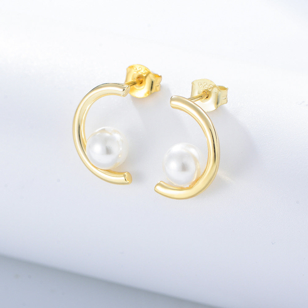 C-shaped with Pearl Silver Studs Earrings for Women