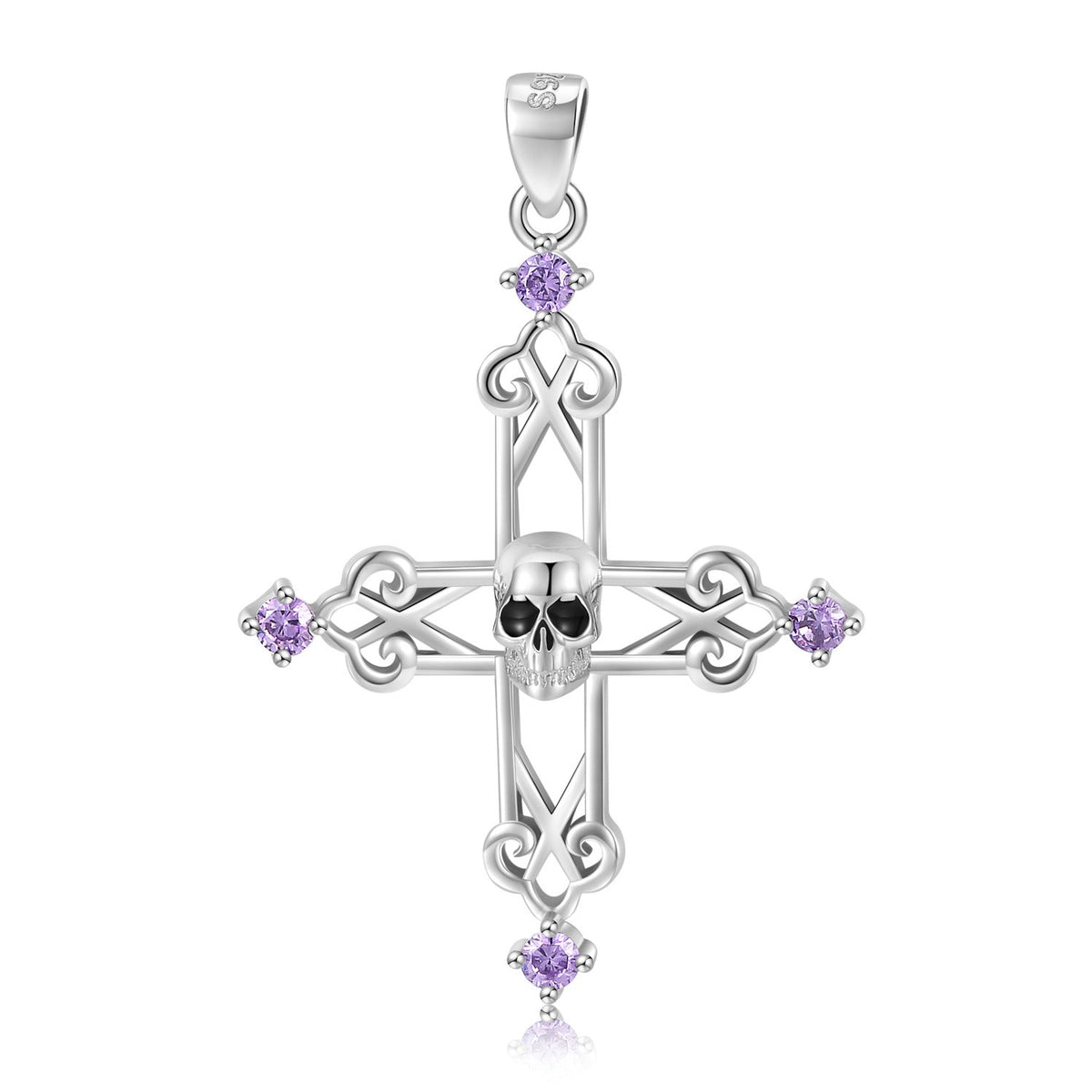 Halloween Skull Hollow Cross Pendant Purple Zircon Silver Necklace