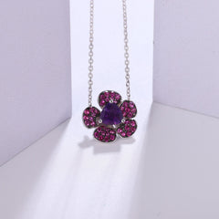 Natural Amethyst Design Colourful Gemstone Flower Pendant  Silver Necklace for Women