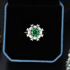 Round Cut Green Zircon Sun Halo Silver Ring