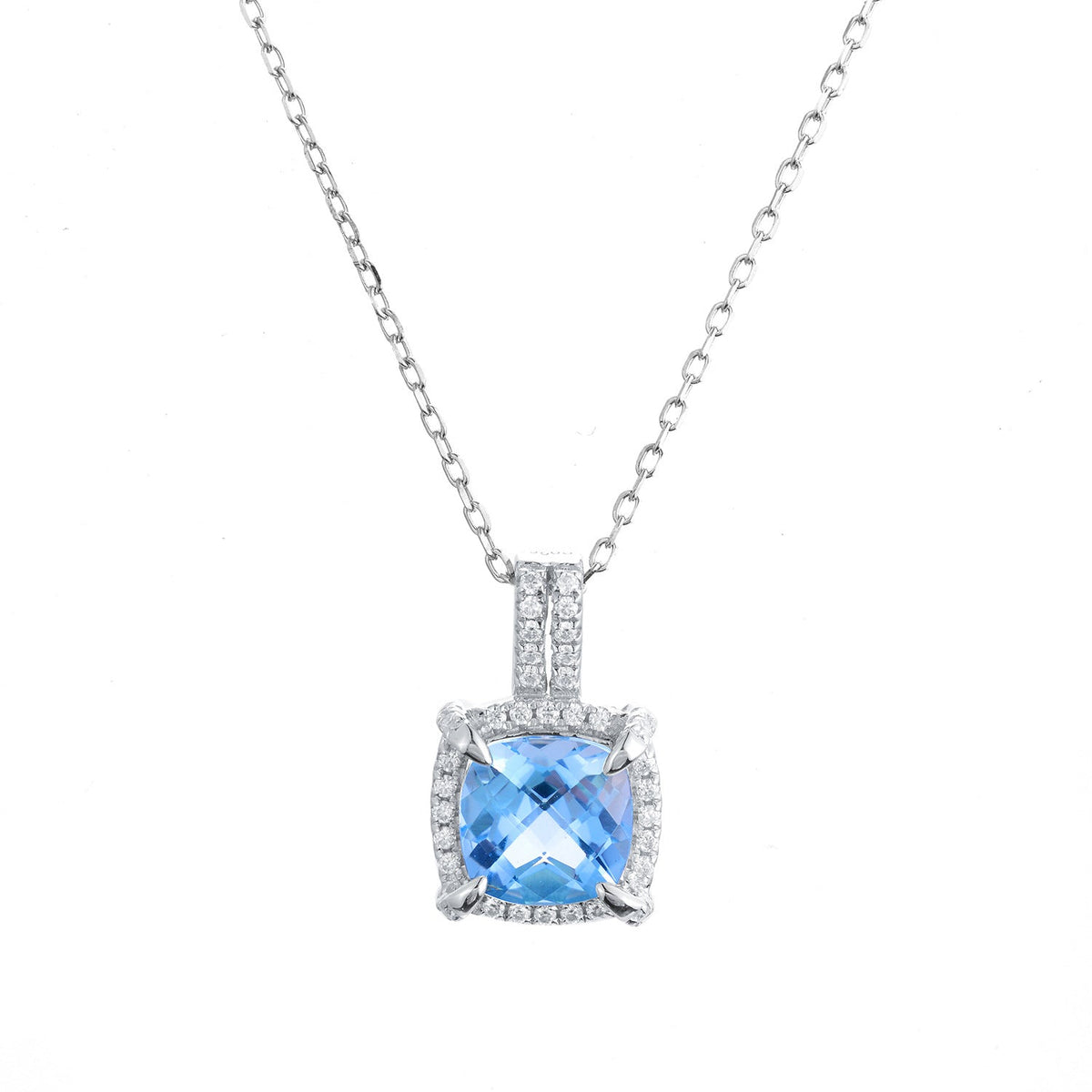 Soleste Halo Square Natural Blue Topaz Silver Necklace