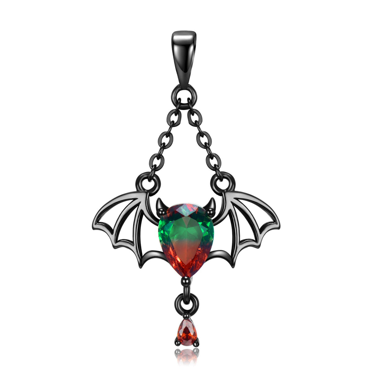 Halloween Black Evil Bat with Pear Shape Zircon Silver Necklace