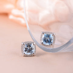 Soleste Halo Square Natural Blue Topaz Silver Stud Earrings