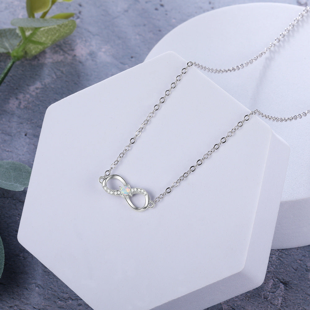 Round Opal Zircon Infinite Symbol Sterling Silver Necklace