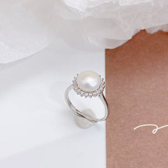 Natural Pearl Sun Soleste Halo Silver Ring for Women