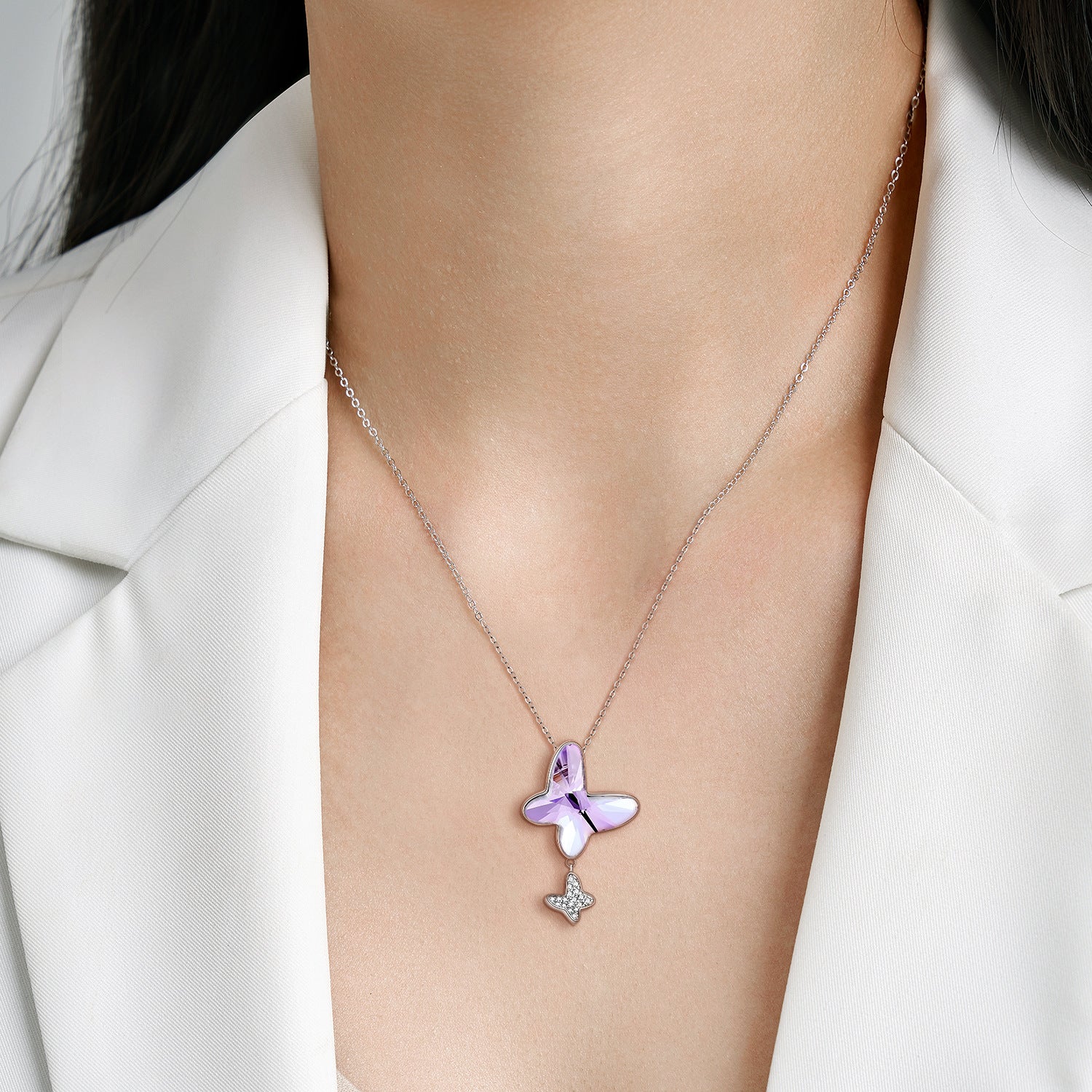 Sparkling Purple Butterfly Zircon Silver Necklace