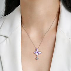 Sparkling Purple Butterfly Zircon Silver Necklace