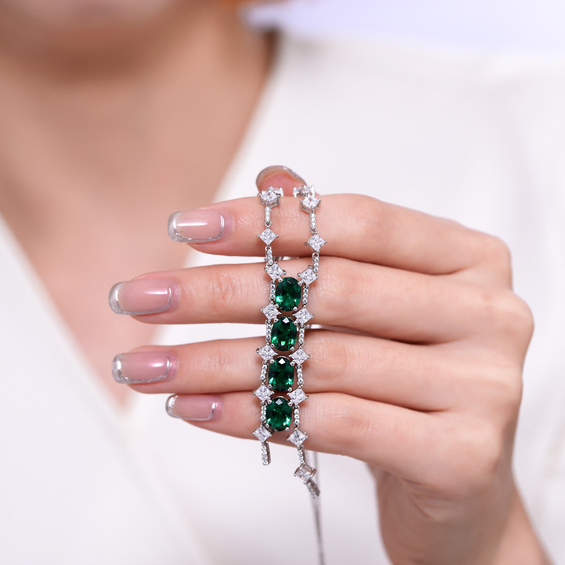 Oval Lab Created Emerald Beading Tassle Silver Necklace