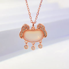 Chalcedony with Zircon Fortune Lock Pendant Silver Necklace for Women