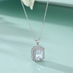 Rectangular Zircon Soleste Halo Pendant Silver Necklace for Women