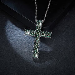 1.0 Carat Princess Cut Green Moissanite Cross Silver Necklace