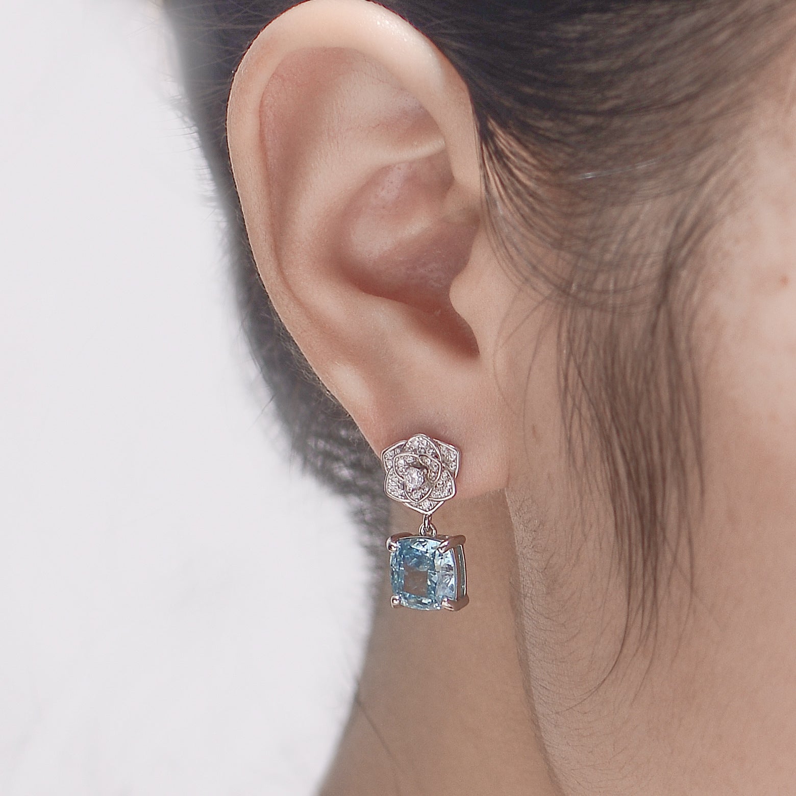 Square Sea Blue Zircon Camellia Drop Earrings