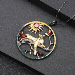 Premium Design Animal Element Inlaid Natural Colourful Gemstone Leopard Pendant Silver Necklace for Women