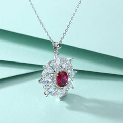 Oval Red Zircon Octagonal Flower Pendant Silver Necklace for Women