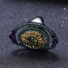 Vintage Oval Sunflower Natural Amethyst and Olivine Silver Ring