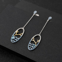 Natural Topaz Lake In Oval Long Design Silver Drop Earrings for Women