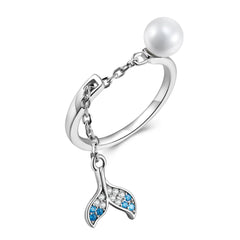 Mermaid Tail Pearl Ring  Adjustable Opening Silver Ring