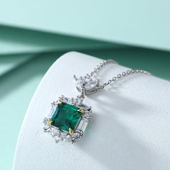 Green Square Zircon Pendant Silver Necklace for Women