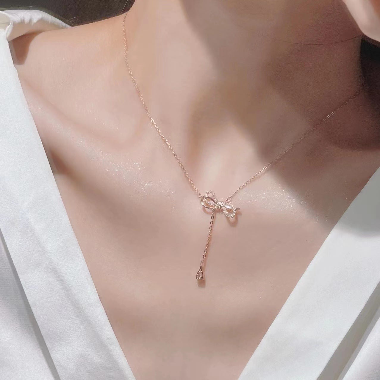 Bow with Pear Drop Zircon Tassel Necklace for Women