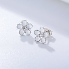 White Flower with Zircon Silver Studs Earrings for Women